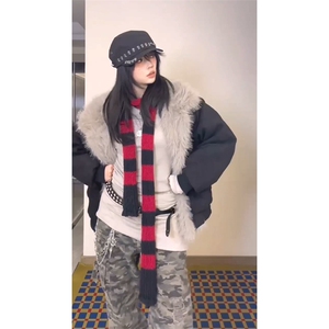 现货重磅硬挺boxy羽绒棉衣座山雕大毛毛领洗水麂皮棉服冬外套图片