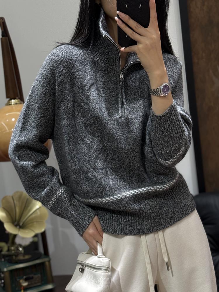 加厚半开拉链翻领100%纯羊毛衫女扭花针织毛衣宽松拼色打底羊绒衫,针织衫/毛衣,珍珑羊绒
