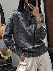 加厚半开拉链翻领100%纯羊毛衫女扭花针织毛衣宽松拼色打底羊绒衫图片