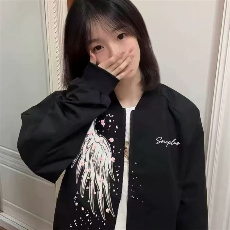 美式复古潮流翅膀印花棒球服女2025春秋新款宽松慵懒风情侣外套潮,女装短外套,四季星座505