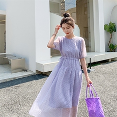 法式浪漫立体花连衣裙女中长款夏2025新款抽绳收腰泡泡纱仙女长裙，女装连衣裙，2C229