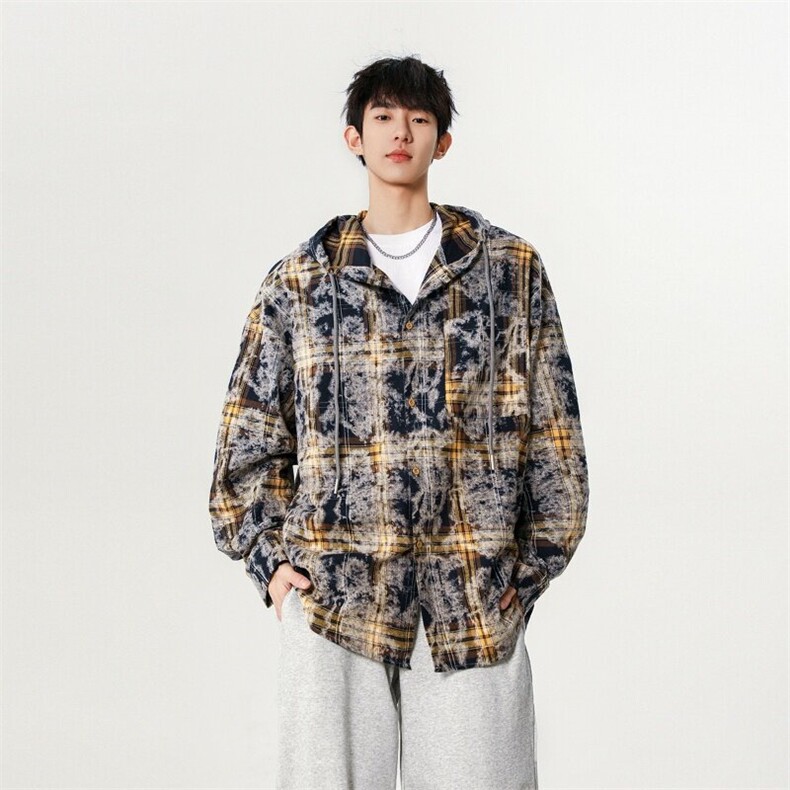 扎染格子连帽衬衫男长袖春季美式复古休闲外套衬衣812-CY553-P68,男装衬衫,星座812
