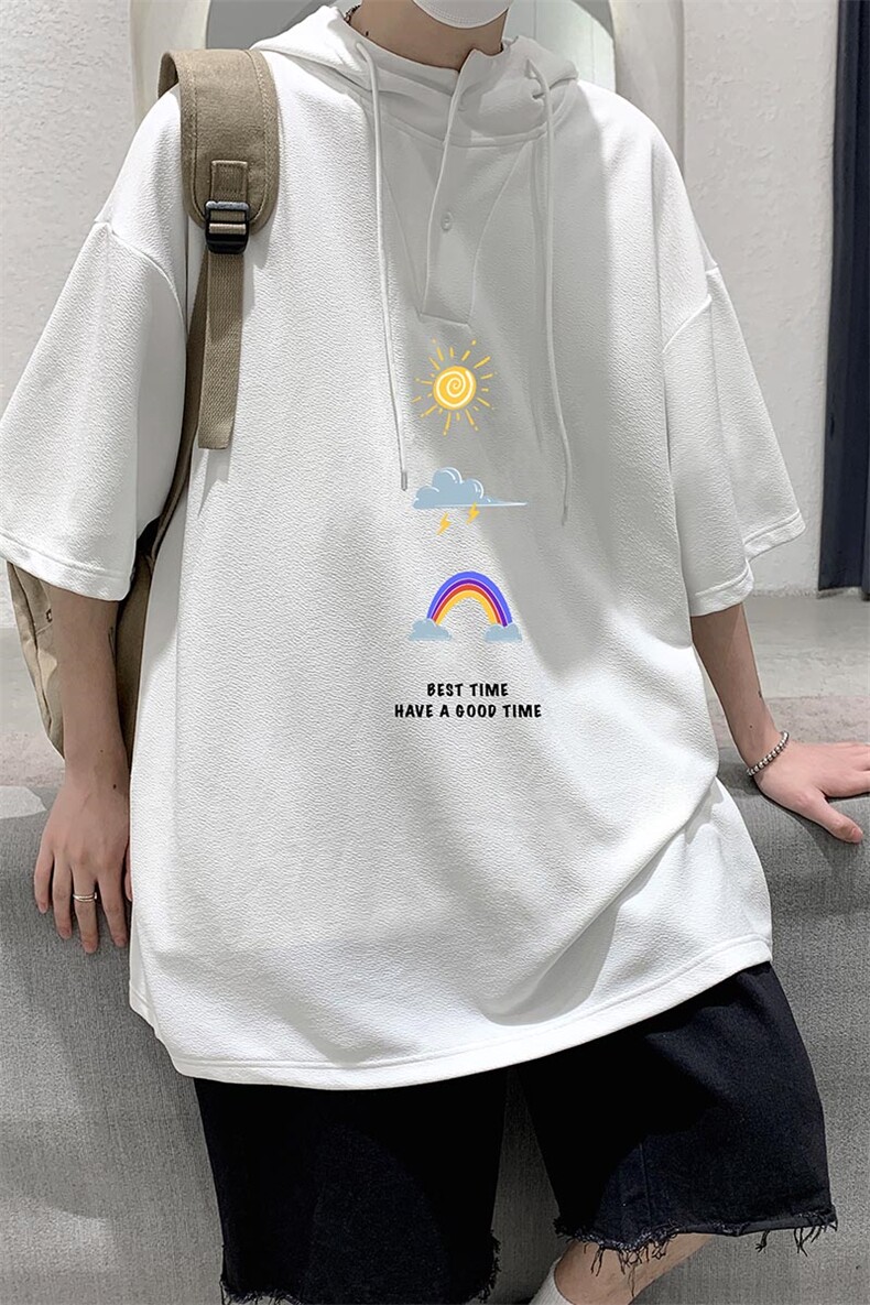 LD54141-P45连帽短袖t恤男大码胖子带帽五分袖中袖大皂风,男装T恤,电商A040
