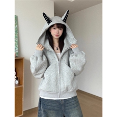 春秋季杜宾犬耳朵铆钉连帽卫衣男女美式潮宽松休闲情侣装外套潮，女装短外套，星座1210-1