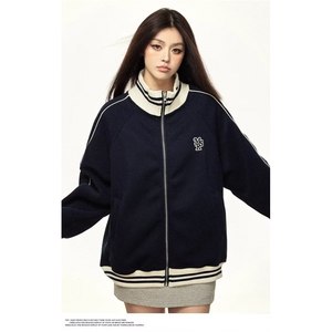 网图现货男女秋款条纹棒球服立领卫衣休闲加绒夹克外套RA1081-P75图片