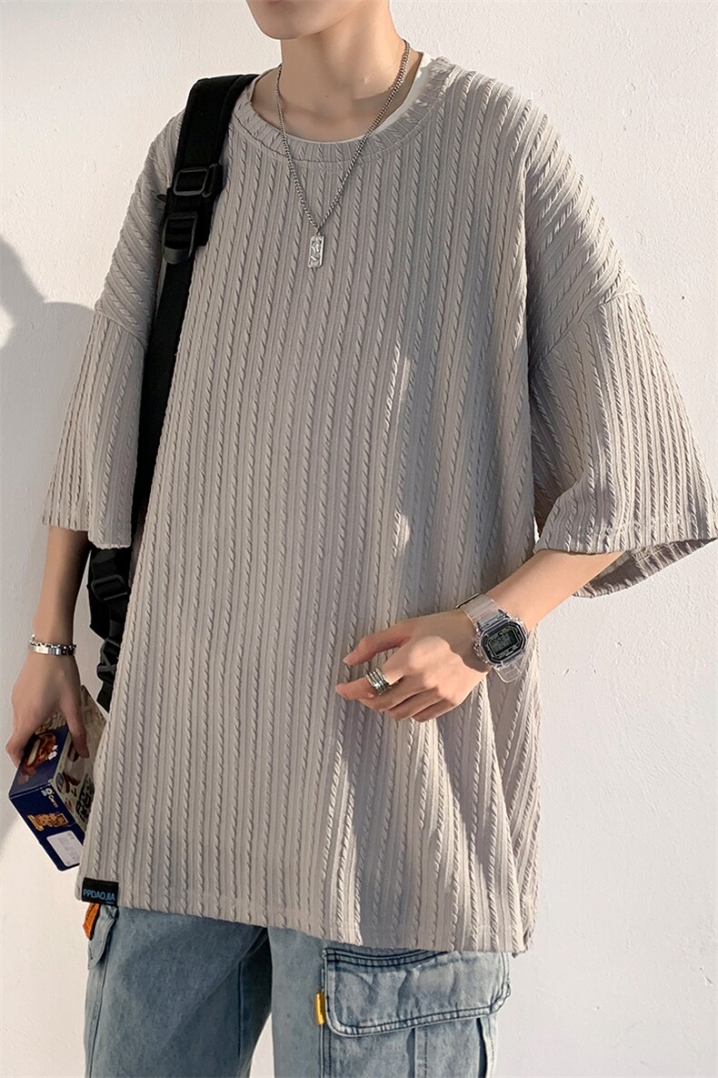 2023夏款男设计感花竖条纹圆领半袖光影白墙短袖T袖T21621-P40,男装T恤,电商A001