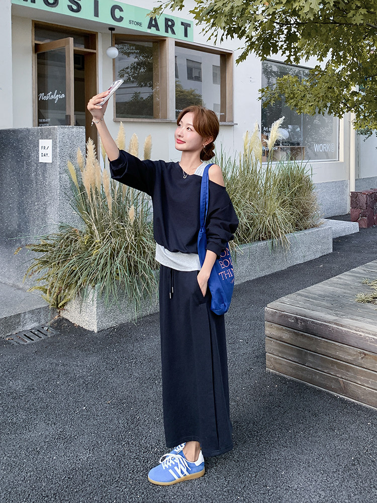 韩系气质假两件露肩卫衣套装裙女2025秋季新款小个子显瘦两件套潮,女装套装/套裙,纯色衣恋