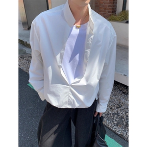早秋简约假两件拼接设计感衬衫男女小众翻领衬衣外套7723-P52官图图片