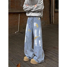 小众设计感涂鸦直筒牛仔裤男女美式高街微喇阔腿裤NG956-P47，男装牛仔裤，星座208-5