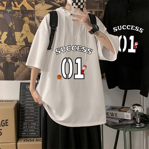 LD54205-P45 连帽短袖t恤男大码胖子带帽五分袖中袖图片
