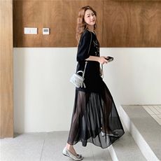 韩版露肩T恤网纱半身裙套装女2025夏季新款显瘦好看轻熟风两件套，女装套装/套裙，2C129