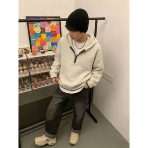 美式半拉链连帽套头针织衫男女同款秋冬外穿慵懒风宽松帽衫毛衣潮图片