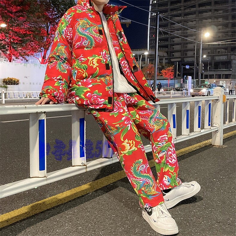 H203大花棉袄加绒裤套装新中式汉服男女表演出保暖防寒棉衣棉服潮,男装棉衣,星座115A(原星座507）
