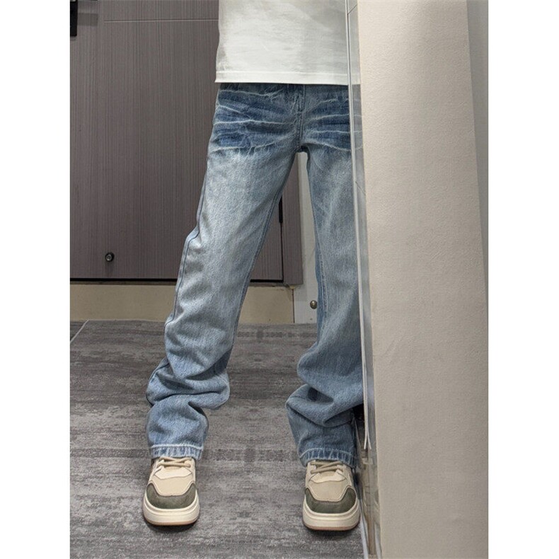【有货】K7053CC-特P48浅蓝色闪电纹牛仔裤男女设计感直筒裤子,男装牛仔裤,星座1007（原301D）