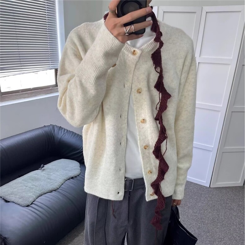 M275-P56秋季纽扣款收口宽松圆领针织开衫男痞帅高级感羊毛衫,男装针织衫/毛衣,电商B323A