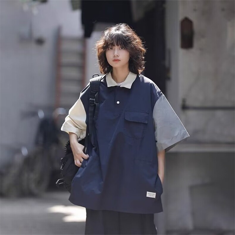 夏季日系复古撞色polo衫翻领宽松男女情侣潮流短袖1008-LT411-p39,男装T恤,星座1008