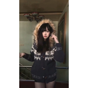 重磅北极绒座山雕大毛毛领毛衣外套冬美式复古休闲慵懒风针织开衫图片