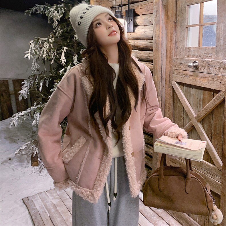 雪景甜美粉色皮毛一体绒外套显瘦短款冬季保暖上衣,女装短外套,天使之佳话
