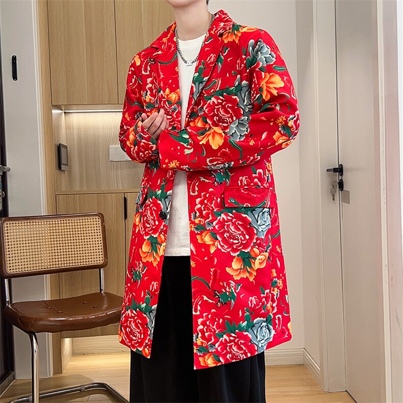 Y001男士中长款休闲风衣外套东北大花帅气外衣潮大码M-5XL，男装风衣，星座115A(原星座507）