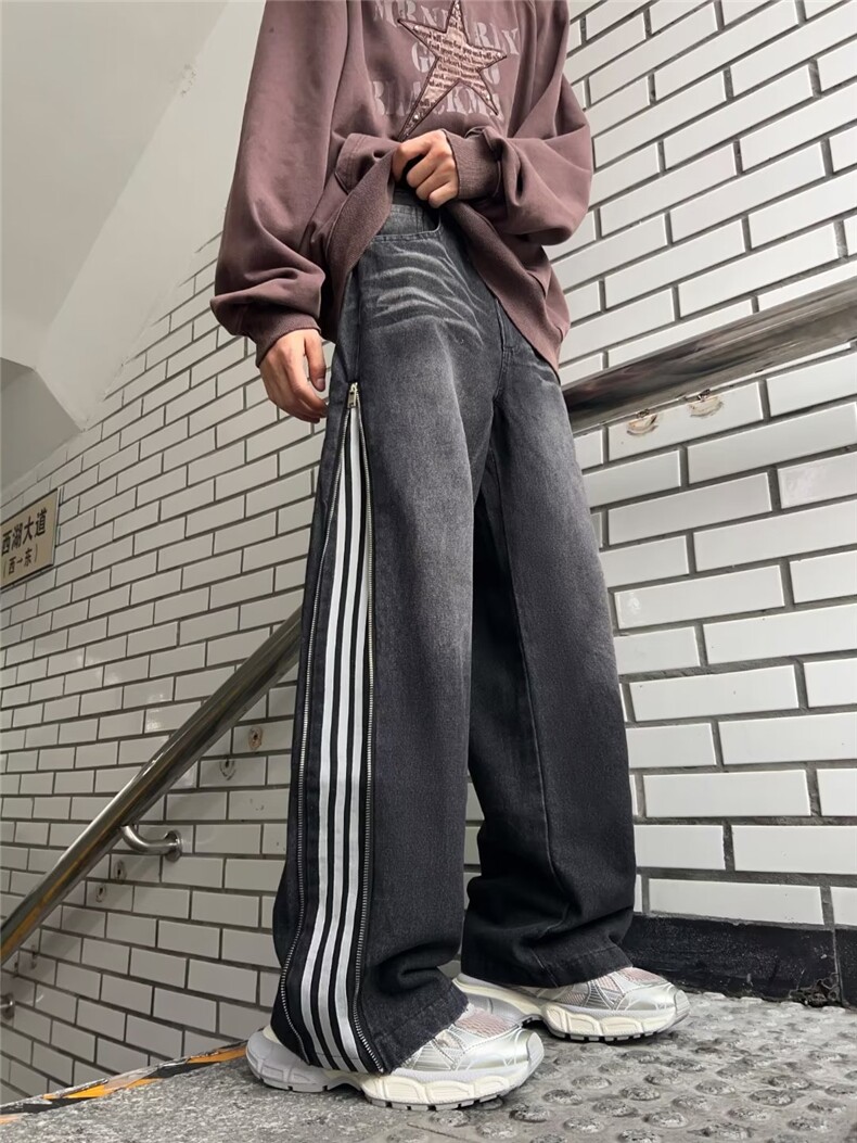 条纹拼接阔腿牛仔裤重工复古拉链工装牛仔长裤  XN859-P55图片