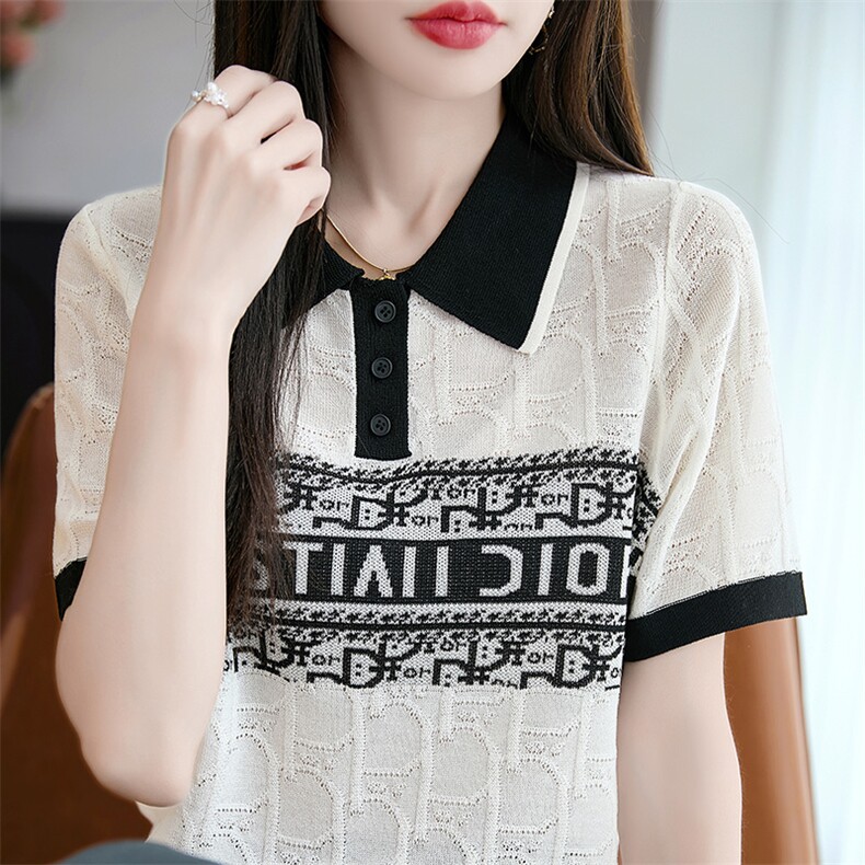 时尚单品~天丝莱塞尔polo领字母提花短袖T恤女宽松翻领针织上衣,女装T恤,羿纯羊绒