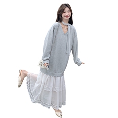 2025新款现货！超美连衣裙春季长袖拼接蕾丝下摆配飘带，女装连衣裙，1C151