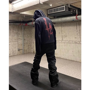 美式重磅龙骨恶魔印花铆钉做旧宽松长袖拉链连帽衫卫衣外套JKW212图片