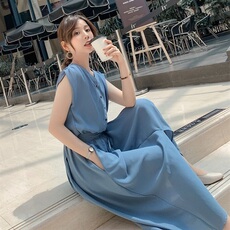 2020夏装新款蓝色无袖中长款大摆连衣裙，女装连衣裙，红依娜