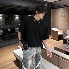 现货2025夏新垫肩珍珠设计款男大潮T恤A071-T60-P38，男装T恤，电商A071
