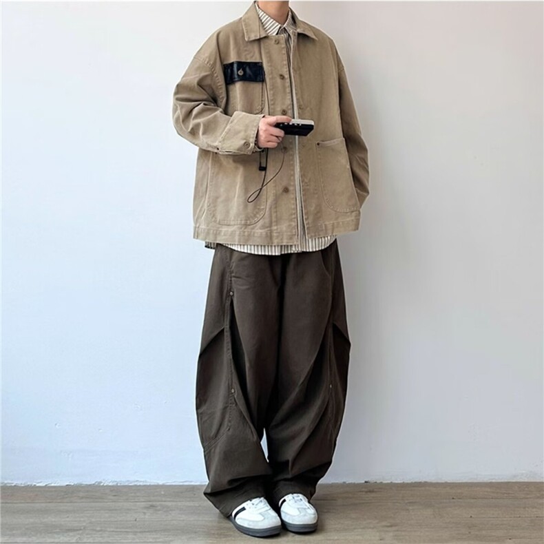 美式立体褶皱设计伞兵裤男潮流老钱风宽松直筒微喇阔腿休闲裤,男装休闲裤,星座506A