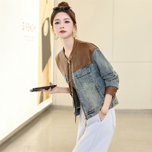复古拼接牛仔外套女2025春秋新款韩版宽松小个子休闲短款夹克上衣图片