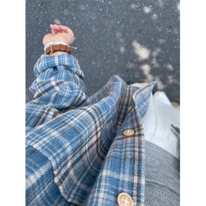 蓝色磨毛格子衬衫男款长袖春秋季新款美式复古通勤风休闲衬衣外套图片