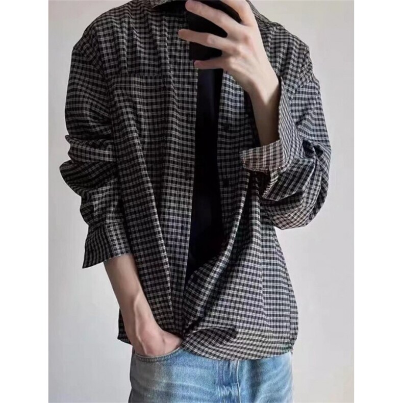 复古春夏季休闲格纹通勤长袖衬衫男百搭宽松复古慵懒衬衣CS388，男装衬衫，星座1116A（原606A-3）