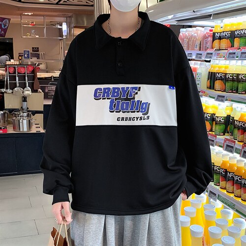 复古春季Polo衫长袖卫衣美式男潮ins字母拼接港风上衣W2597-P32，男装卫衣，星座512-2