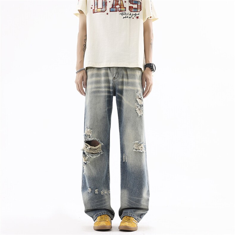 B221美式ins高街暗黑宽松直筒破洞牛仔裤LK25505-特P45控78,男装牛仔裤,电商B221