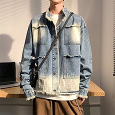 日系水洗毛边牛仔外套男2025春秋宽松休闲男生立领上衣1210-P63，男装工装外套，星座910-5