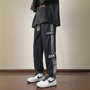 新款束脚牛仔裤男女宽松百搭工装哈伦裤拼色潮牌阔腿裤N1653-p45图片