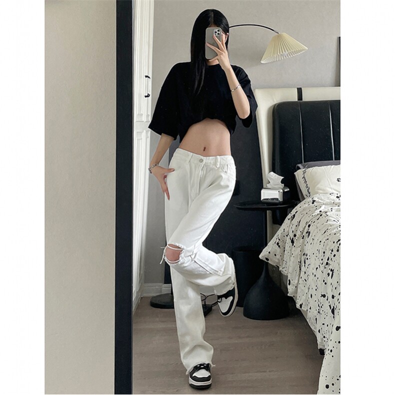 B221美式ins高街简约小众设计毛边破洞牛仔裤LK23067-P60控78,男装牛仔裤,电商B221