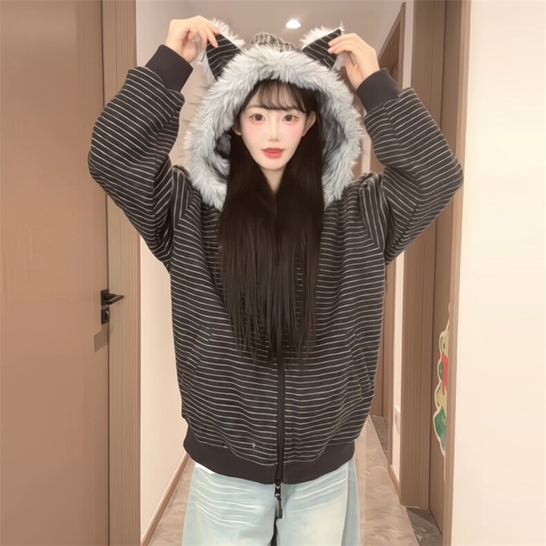 座山雕大毛领外套2025秋冬宽松开衫条纹连帽棉服外套MF420-P103,男装棉衣,星座412-3