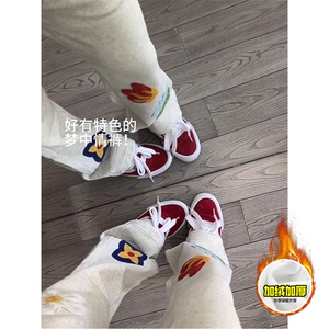抖音得物高品质秋冬季重磅花卉刺绣潮流运动宽松加绒直筒休闲卫裤图片