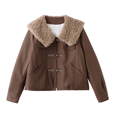 美拉德咖色羊羔毛翻领皮衣短外套女气质百搭夹棉夹克外套，女装皮衣，涵墨
