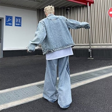 24秋款拼料撞色牛仔夹克阔腿长裤男宽松套装美式复古小众两件套，男装夹克，星座410-7