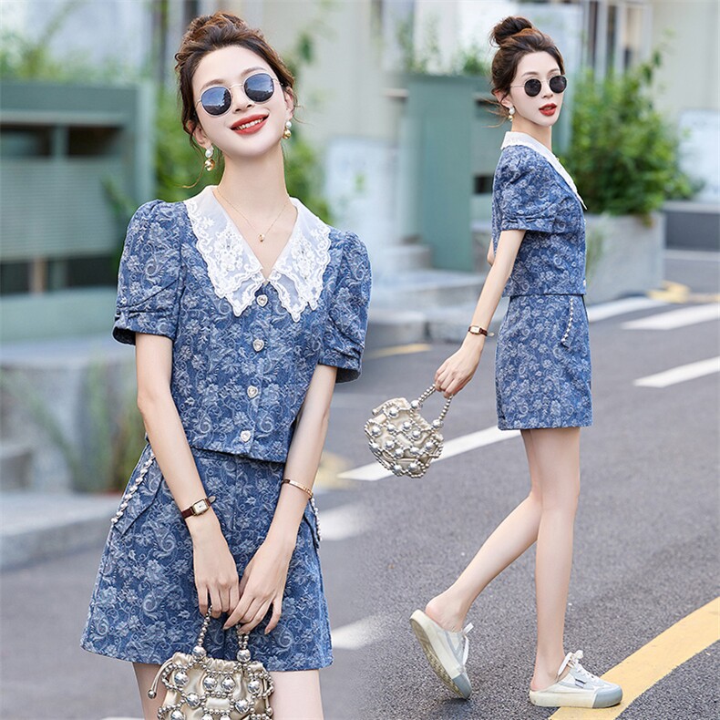 牛仔短裤套装女2024夏季新款高端法式气质名媛小香风设计感两件套，女装套装/套裙，伊仟回