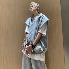 夏季运动套装休闲男女拉链无袖背心搭配条纹直筒长裤子一整套，男装休闲套装，星座601-2