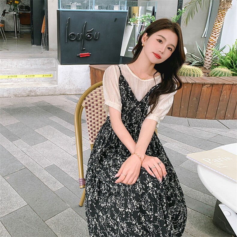 法式复古吊带连衣裙女夏季2025新款气质雪纺碎花长裙子,女装连衣裙,帛香坊