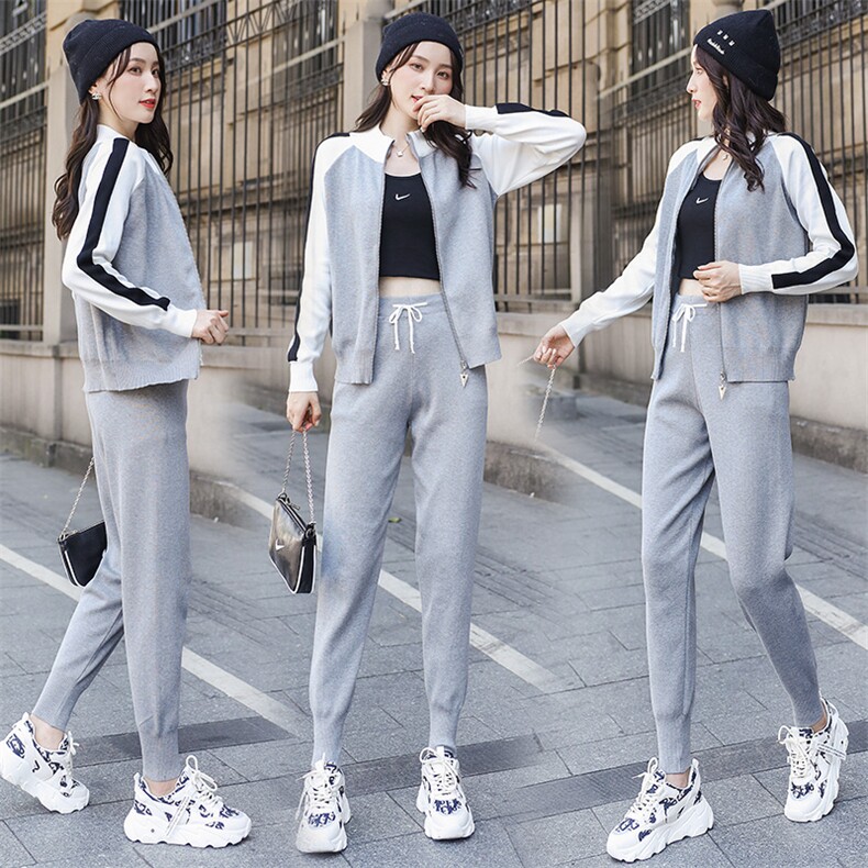 2021春秋季时尚休闲运动套装撞色拼接拉链青春活力减龄立领气质，女装运动套装，美吧服饰
