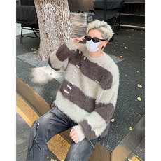 秋冬季毛茸茸针织衫男日系ins复古拼色条纹设计感情侣圆领毛线衣，男装针织衫/毛衣，星座410-7