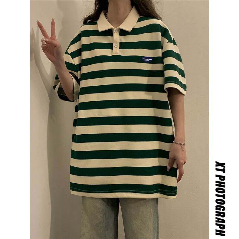 1中性风大码M-5XL美式条纹polo衫女翻领短袖T恤男DP8761P40控59,男装T恤,星座226-2