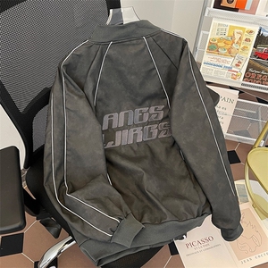复古秋冬棕色宽松大码重磅刺绣pu皮外套男女夹 JK922图片
