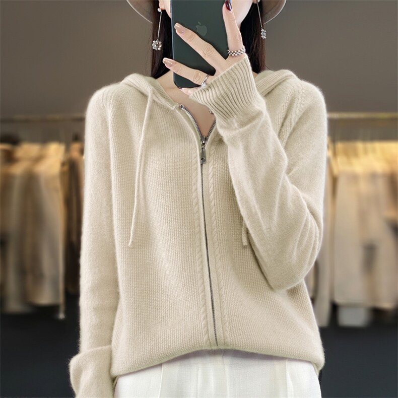 2025早春新连帽双拉链纯羊毛开衫女休闲减龄毛衣保暖粉色针织外套,女装羊毛衫,九嘉羊绒